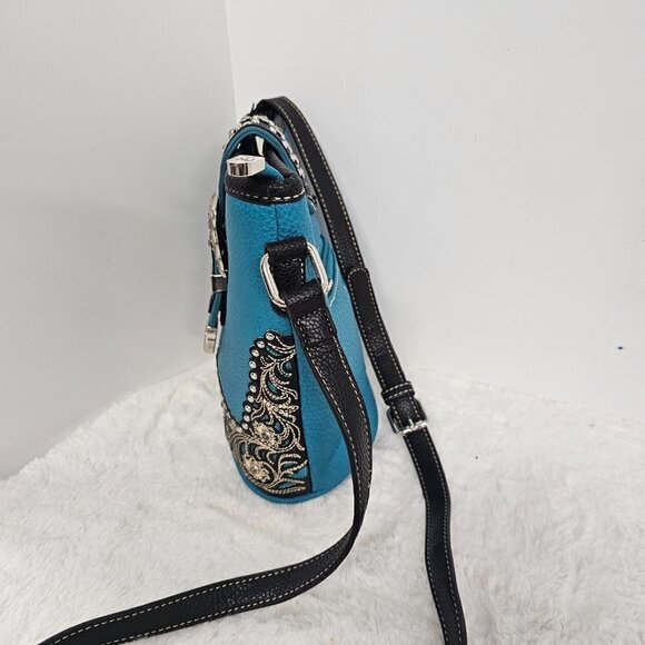 P&G Turquoise Faux Leather Western Bling Rhinestone Crossbody Bag - Picture 8 of 16